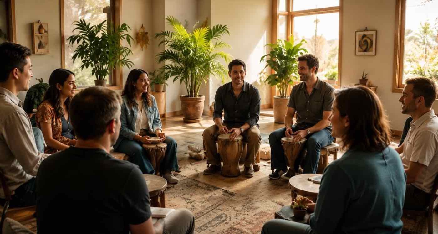 A circle of guests sharing a drumming session