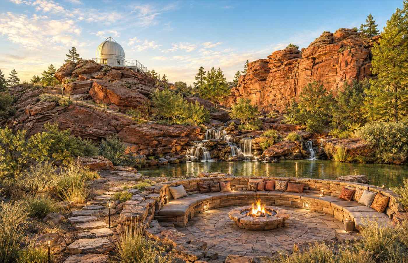 A stone firepit lounge beside a waterfall pond, with a domed observatory on a sandstone ridge above