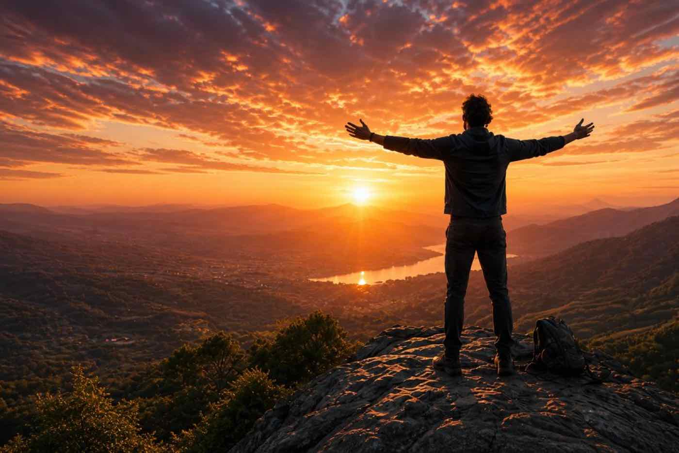 A man stands with arms outstretched atop a summit at sunset