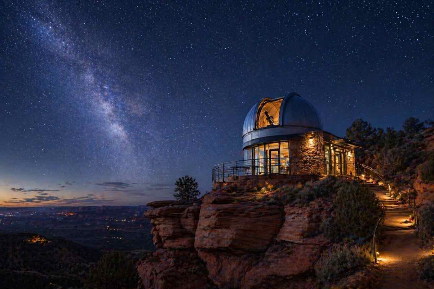 A dark-sky observatory perched on a cliff beneath the Milky Way