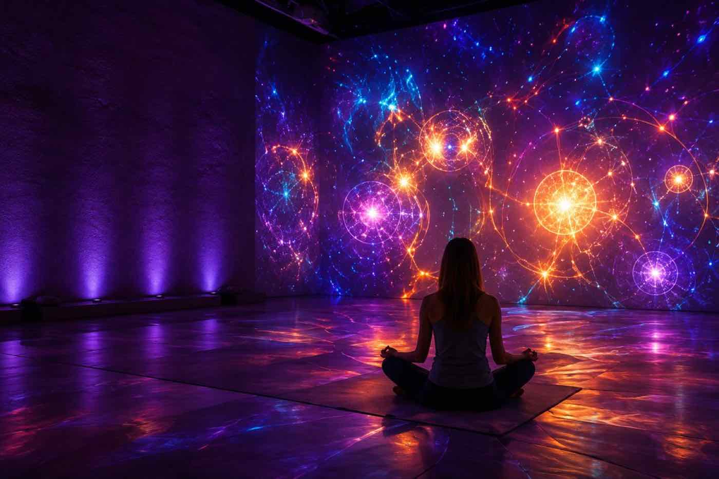 A guest meditates within the immersive, projected Alive! NeuroArts Experience