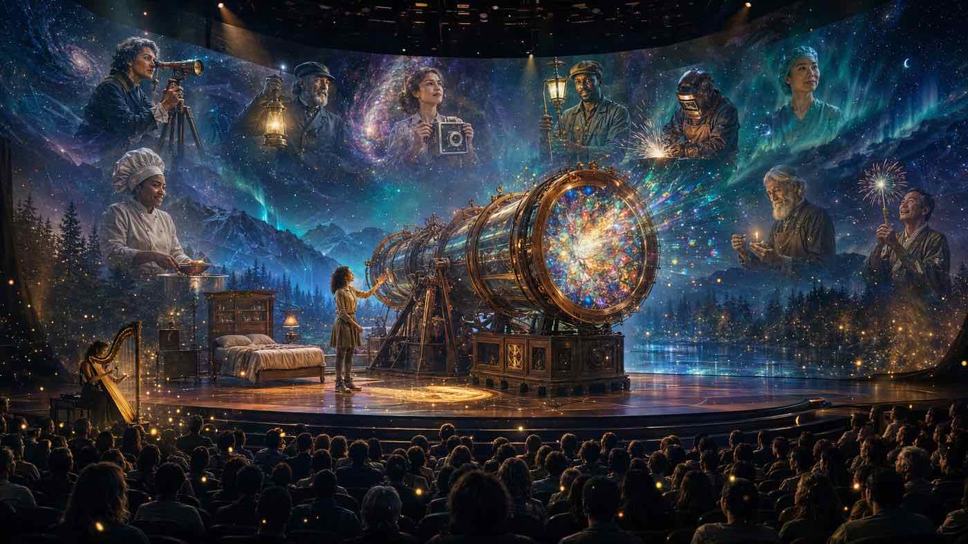 A guest reaches toward a glowing instrument inside the immersive Elevate Theater, surrounded by projected portraits and a starry sky