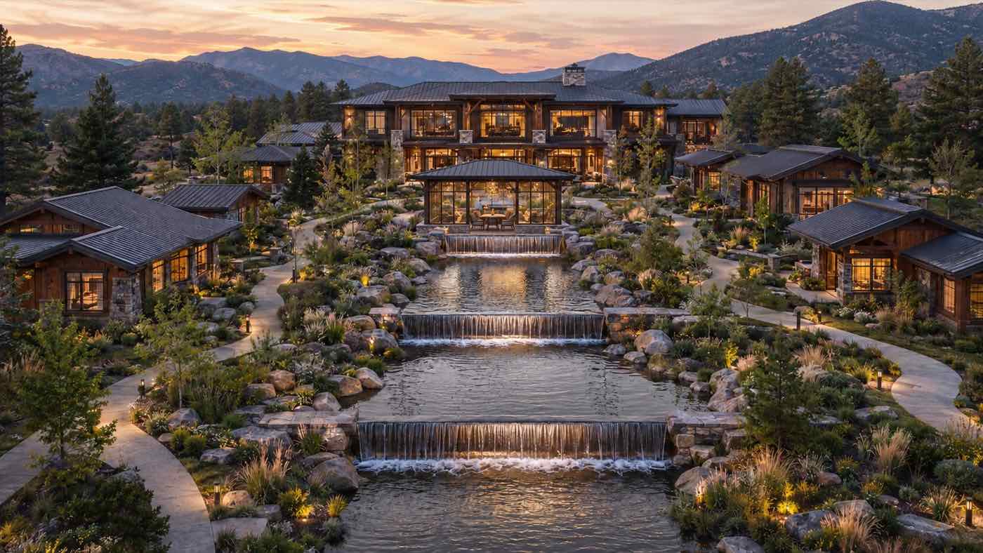 Concept rendering of the LifeQuest Colorado resort lodge and residences at dusk